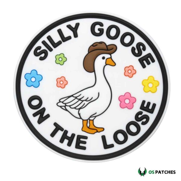 Silly goose patch with cowboy hat surrounded by colorful flowers funny design