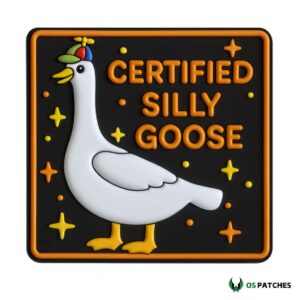 Certified silly goose patch with funny cartoon design square black background