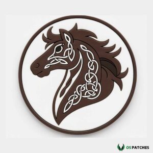 Celtic horse head patch with brown design and knot pattern round background