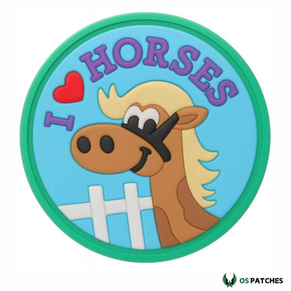 I love horses patch with cartoon horse face and green border round