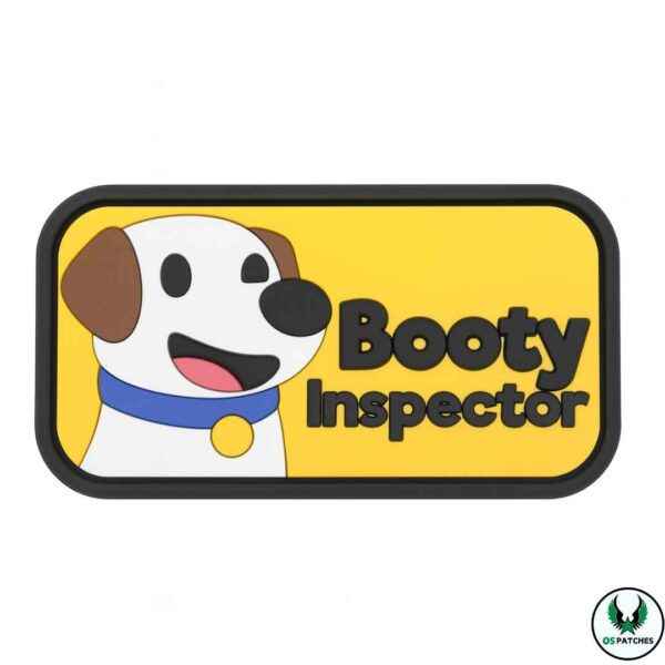 Cartoon PVC patch with smiling dog and bold text booty inspector design
