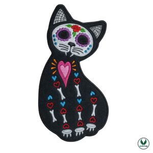 Day of the Dead style embroidered black cat patch with heart and floral details