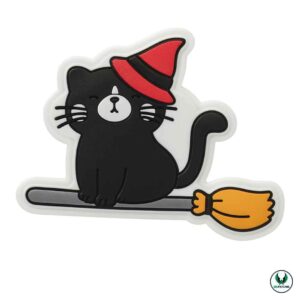 Black PVC cat patch with red witch hat sitting on a broomstick