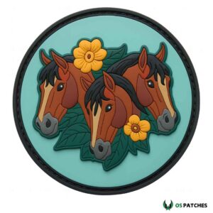 Three horse heads patch with flowers and green leaves on round background