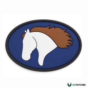 Horse head patch with brown mane on blue oval background simple design