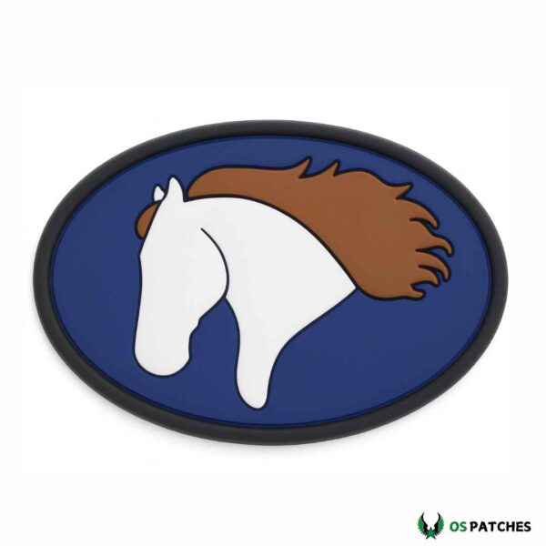 Horse head patch with brown mane on blue oval background simple design