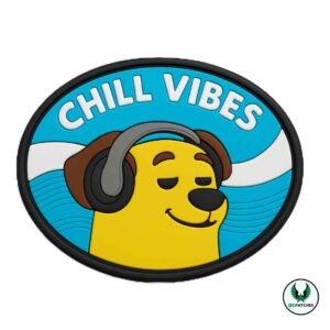 Yellow dog with headphones chill vibes PVC patch design on blue background