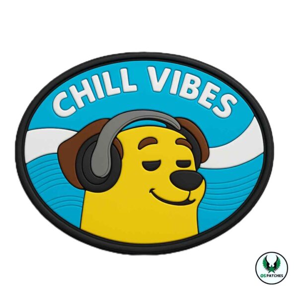 Yellow dog with headphones chill vibes PVC patch design on blue background