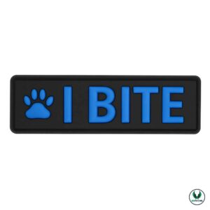 PVC patch with blue paw print and text I BITE on black background