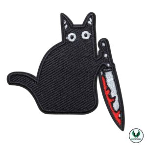Black embroidered cat patch holding a bloody knife design