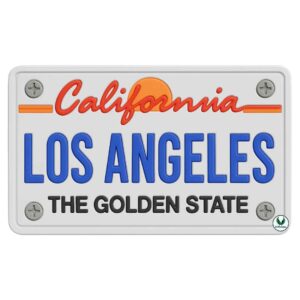 California license plate style patch with Los Angeles text and The Golden State slogan