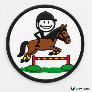 Cartoon horse jumping patch with smiling rider over hurdle equestrian design