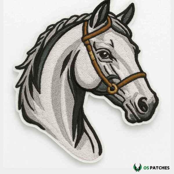 Embroidered grey horse head patch with bridle detailed equestrian style design