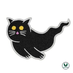 Black embroidered ghost cat patch with yellow eyes and pink nose