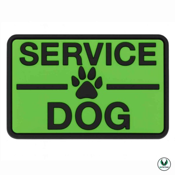Green PVC patch with black text SERVICE DOG and paw print