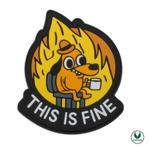 Funny this is fine dog patch cartoon meme fire background design