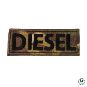 Camouflage pet embroidered patch with black text DIESEL