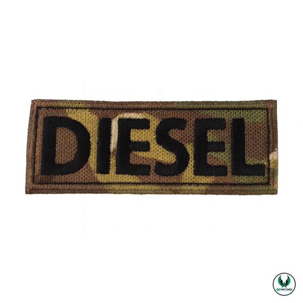 Camouflage pet embroidered patch with black text DIESEL