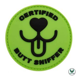 Certified butt sniffer dog patch funny green round design with black text