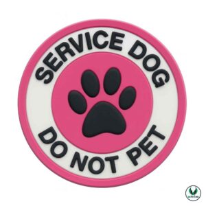 Round service dog PVC patch with pink border black paw and do not pet