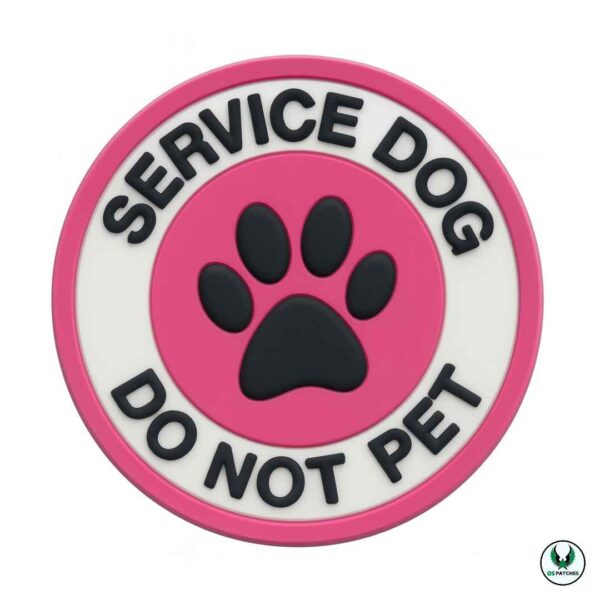 Round service dog PVC patch with pink border black paw and do not pet