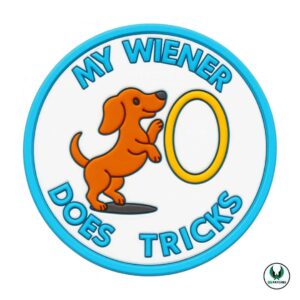 Funny dachshund patch with text my wiener does tricks cartoon design