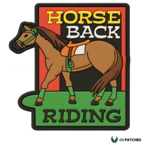 Horseback riding patch with brown horse saddle and colorful background rectangular design