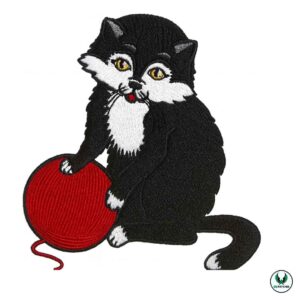 Black and white embroidered cat patch holding a red yarn ball