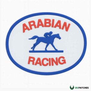 Arabian racing horse patch with jockey riding silhouette blue and red design