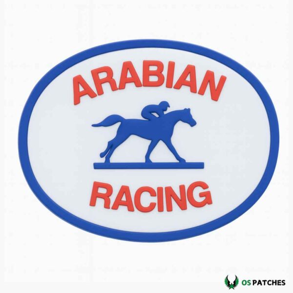 Arabian racing horse patch with jockey riding silhouette blue and red design
