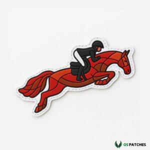 Horse riding patch with red horse and rider jumping equestrian style design