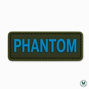 Army green PVC patch with blue text PHANTOM