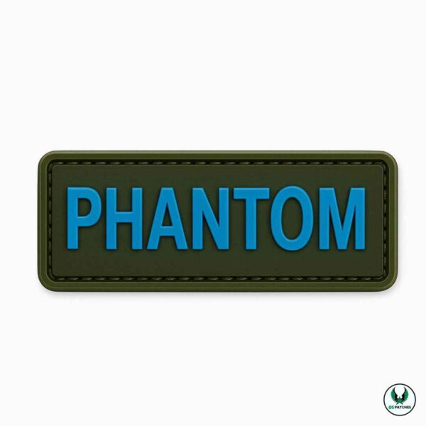 Army green PVC patch with blue text PHANTOM