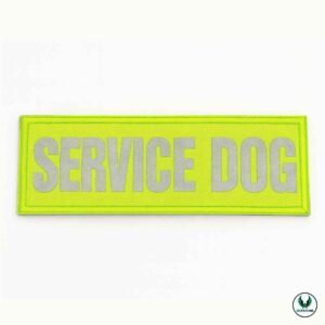 Neon yellow embroidered patch with reflective silver text SERVICE DOG