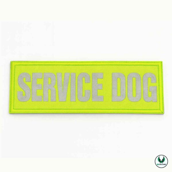 Neon yellow embroidered patch with reflective silver text SERVICE DOG
