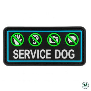 Black PVC patch with white SERVICE DOG text and icons for no touch, no talk, no photos, no distractions