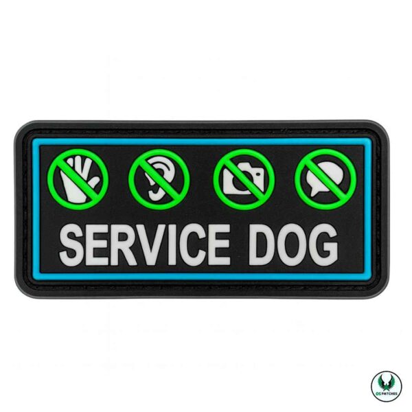 Black PVC patch with white SERVICE DOG text and icons for no touch, no talk, no photos, no distractions