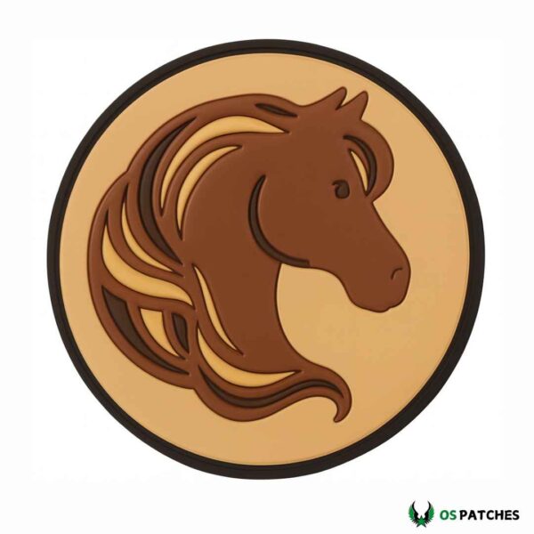 Horse head patch with flowing mane round brown design on tan background