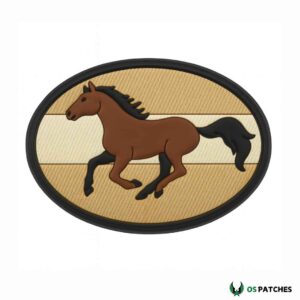 Galloping horse patch brown stallion running oval design tan background style