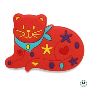 Red PVC cat patch with blue scarf, flowers, and heart designs