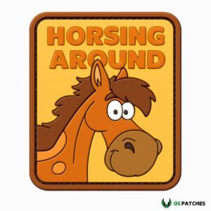 Funny horsing around patch cartoon horse face design with bold orange text