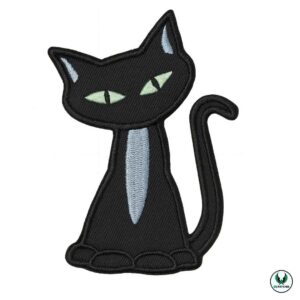Embroidered black cat patch with green eyes and gray chest detail