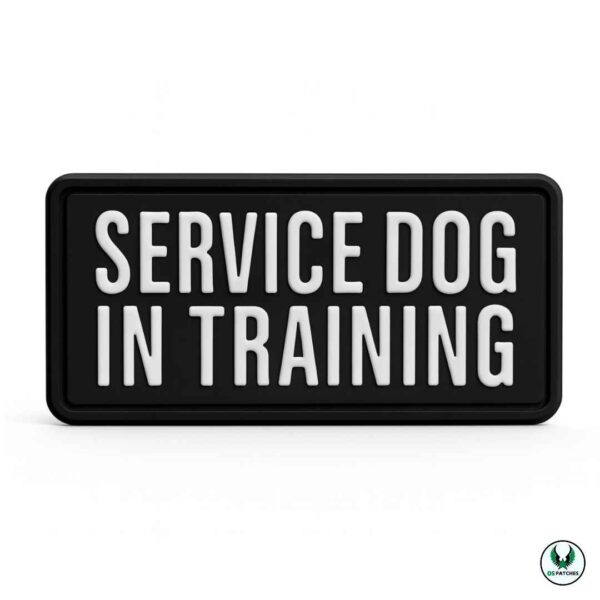 Black PVC patch with white text SERVICE DOG IN TRAINING