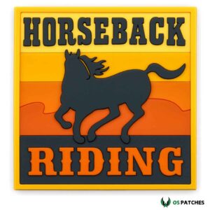 Horseback riding patch with black horse silhouette on orange yellow background design