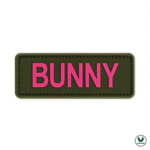 Army green PVC patch with pink text BUNNY