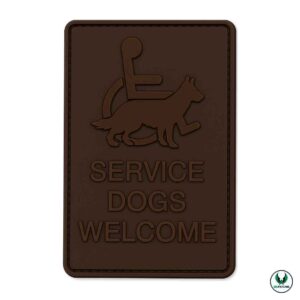 Brown PVC patch with service dog silhouette wheelchair icon and welcome text