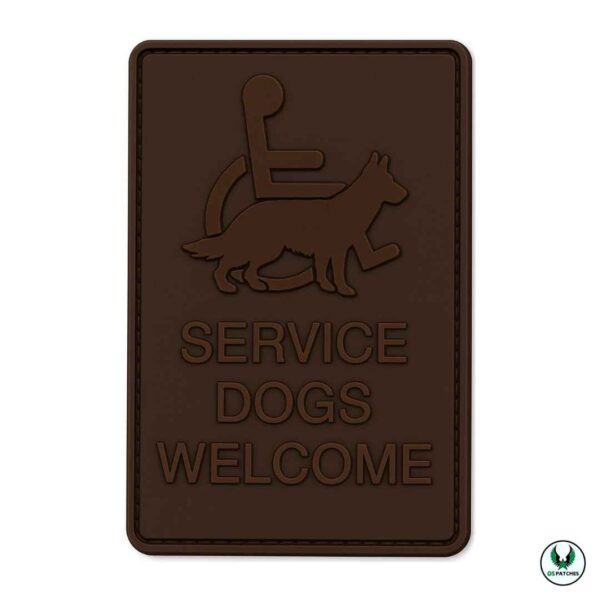 Brown PVC patch with service dog silhouette wheelchair icon and welcome text