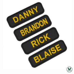 Set of black PVC patches with yellow names DANNY, BRANDON, RICK, and BLAISE