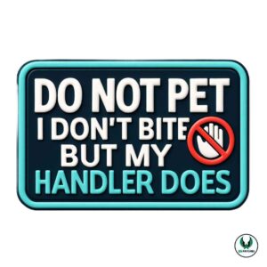 Do not pet funny dog patch with text about handler biting