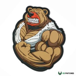 Aggressive bear patch with muscular body cartoon style strong animal design